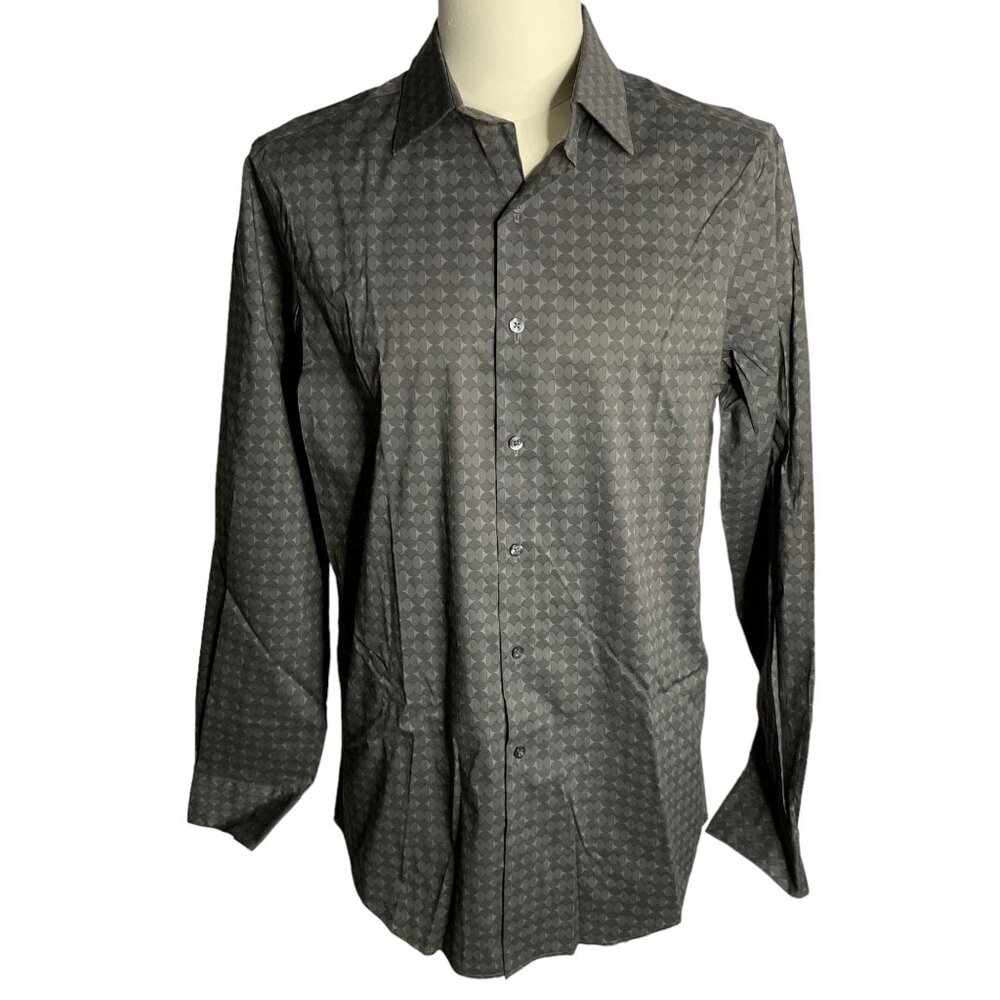 Alfani Slim Fit Button Up Dress Shirt M Grey Geometric Long Sleeves Stretch